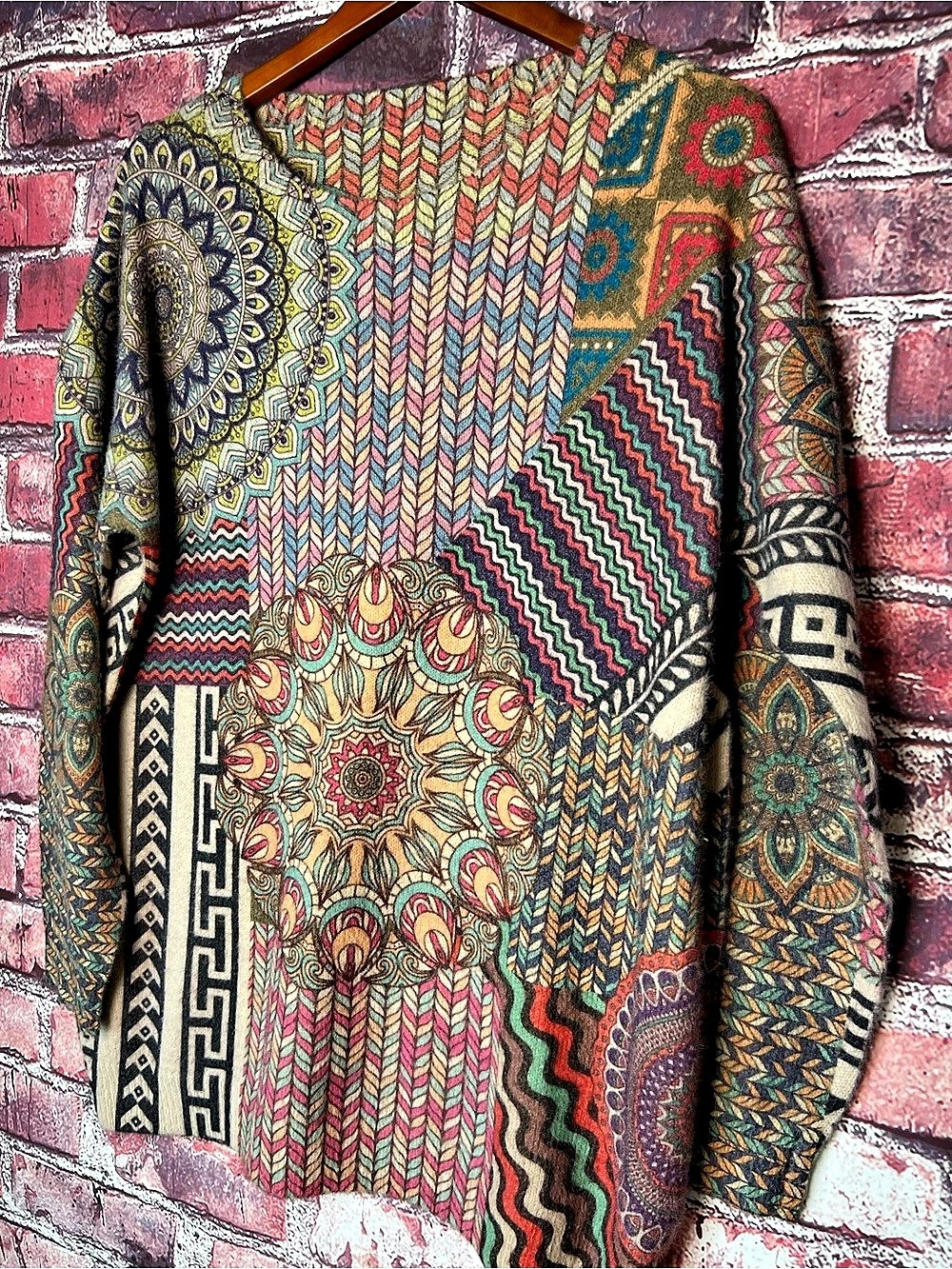 YESNO Cotton Wool Patchwork Mandala Knit Sweater Boho Oversized Length